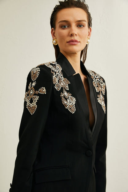 Delphine black embellished jacket  trousers matching set