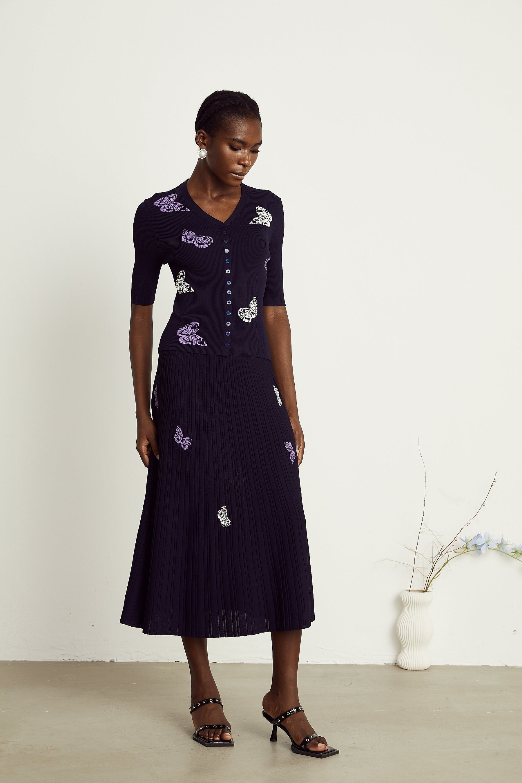 Delphine butterfly ribbedknit top  skirt matching set