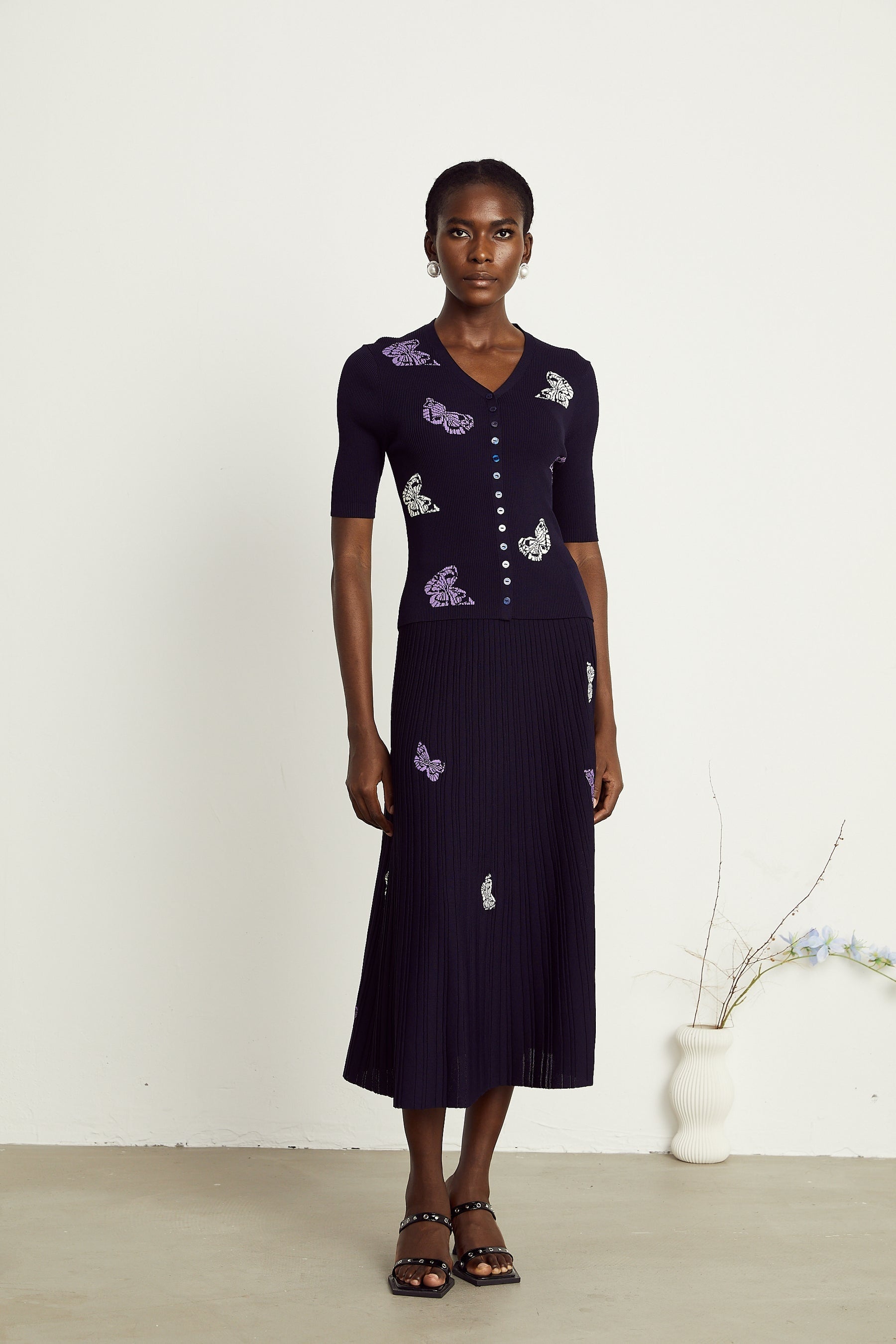 Delphine butterfly ribbedknit top  skirt matching set
