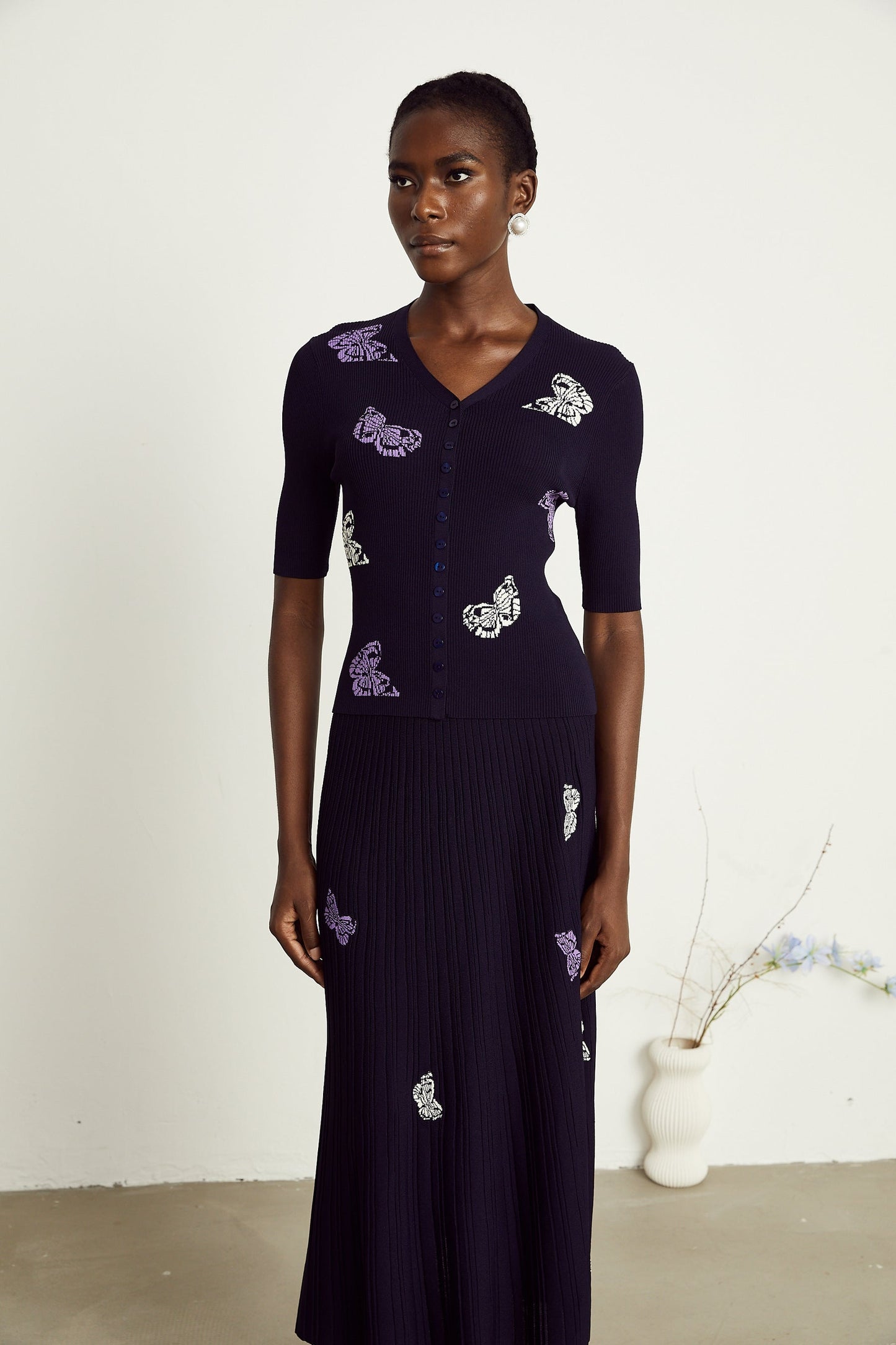 Delphine butterfly ribbedknit top  skirt matching set