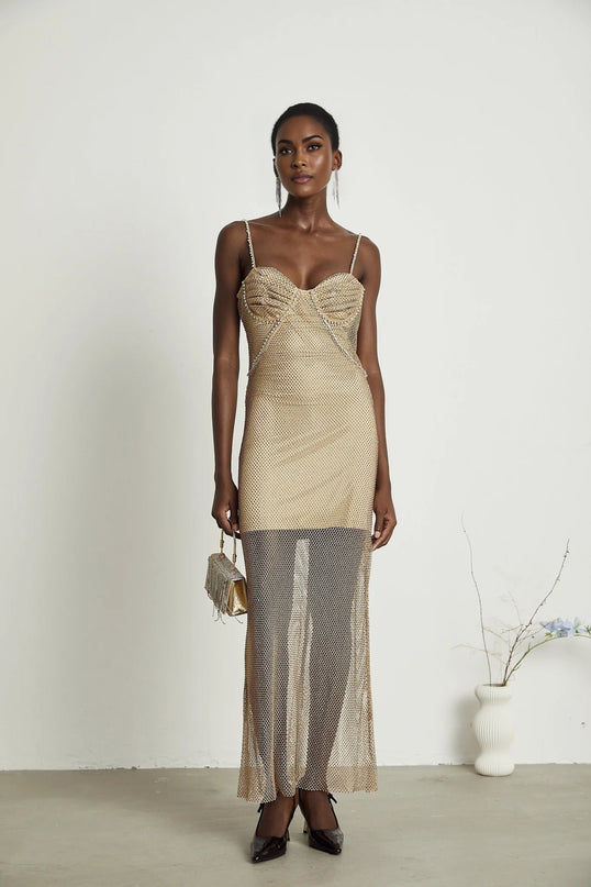 Delphine crystalembellished gold midi dress
