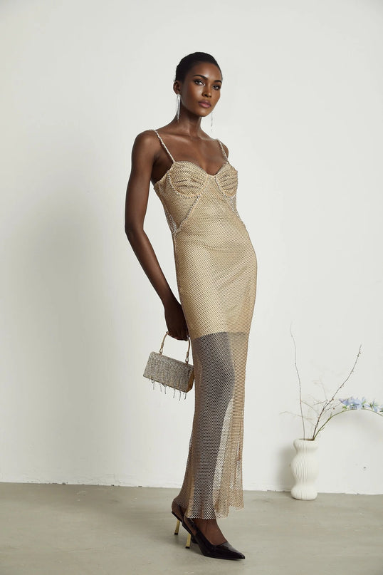 Delphine crystalembellished gold midi dress