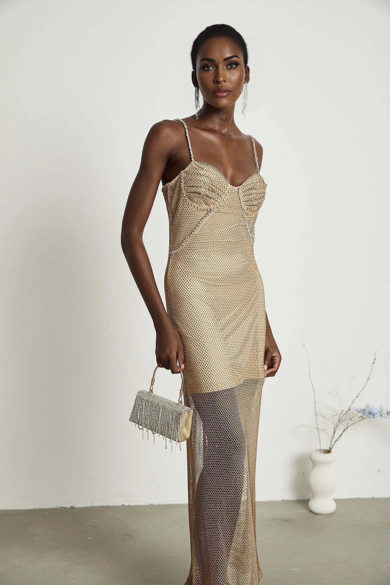 Delphine crystalembellished gold midi dress