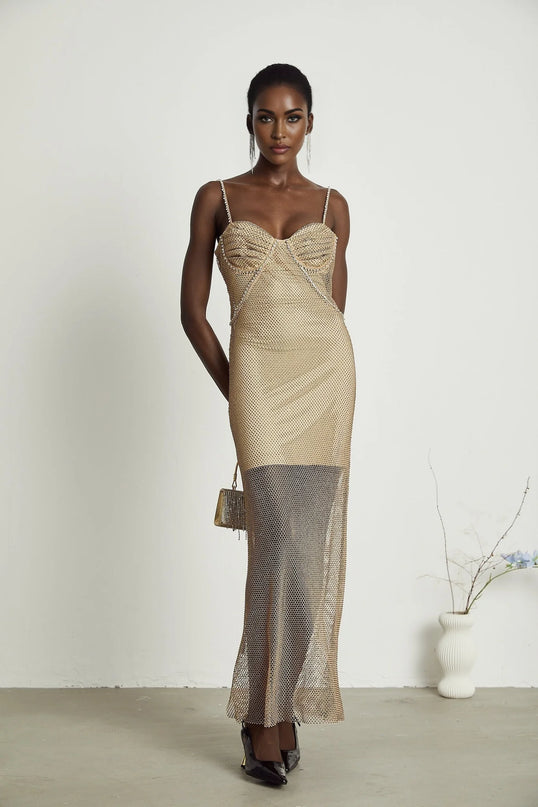 Delphine crystalembellished gold midi dress