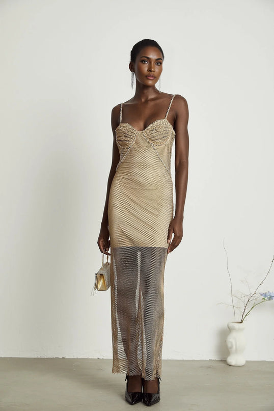 Delphine crystalembellished gold midi dress