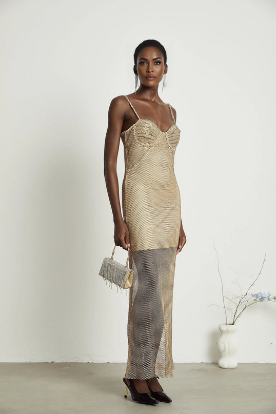 Delphine crystalembellished gold midi dress