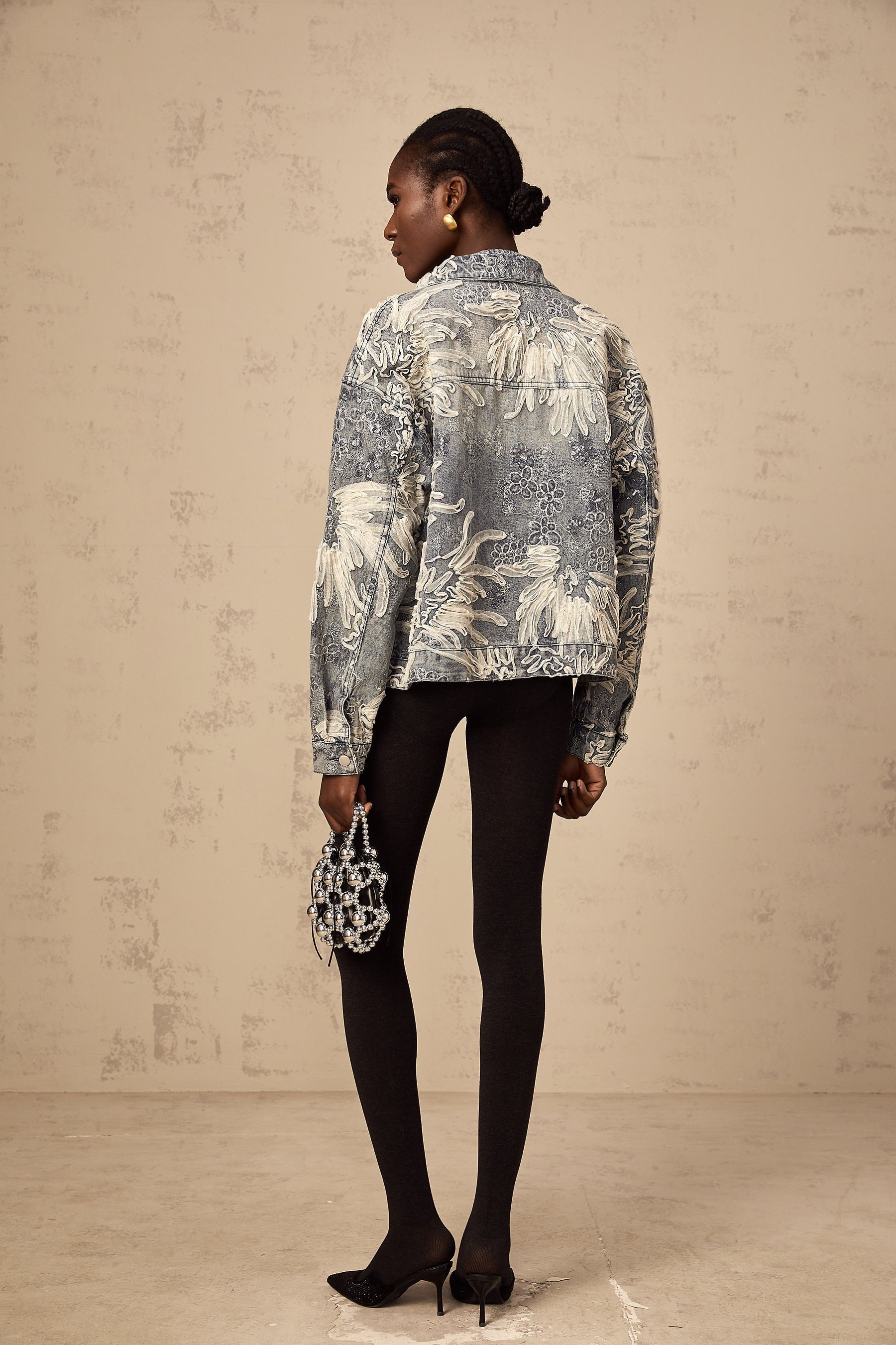 Denim jacket with blue sequins and embroidered flowers Mailys design
