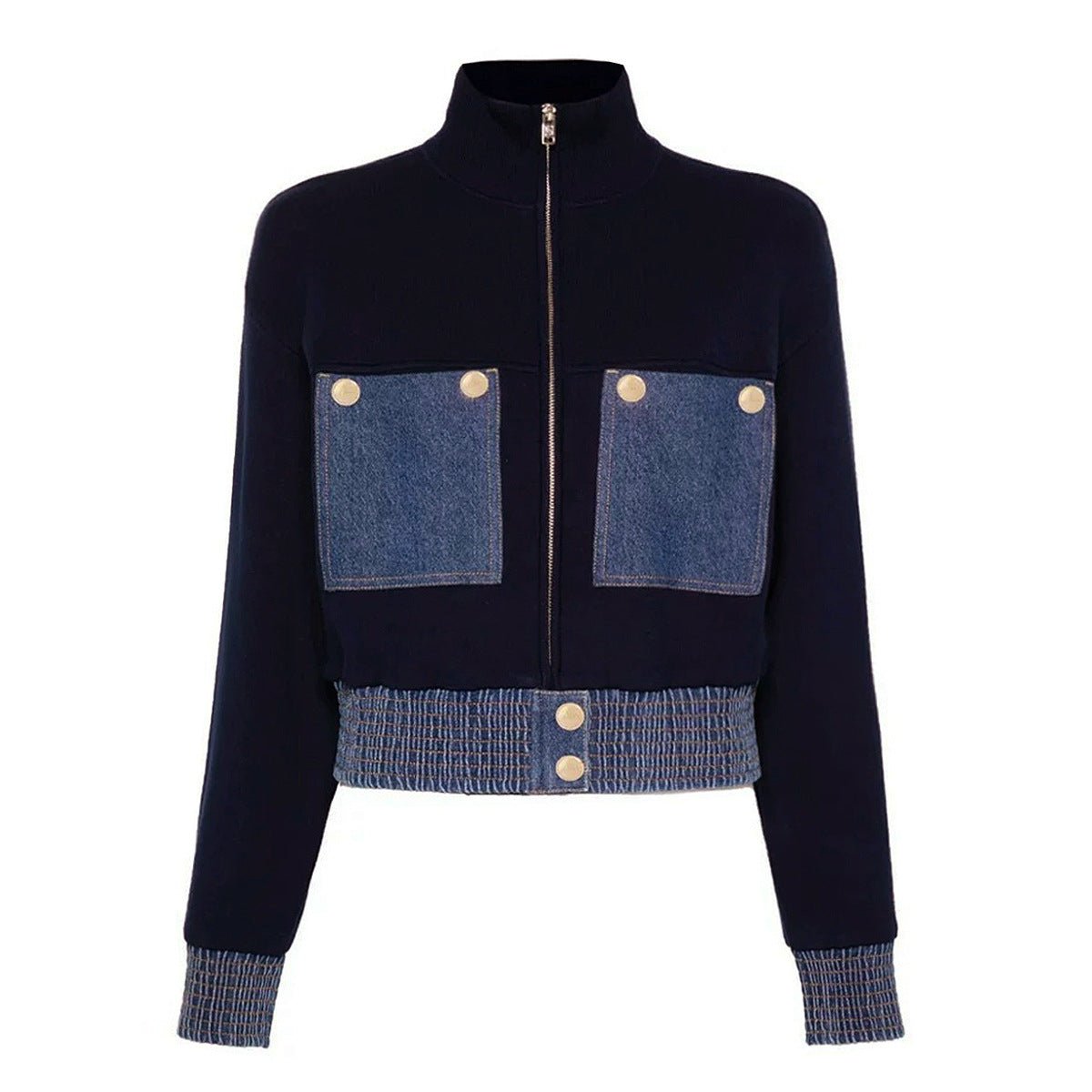 Denim - Pocket Bomber Jacket with Smocked Details - Blue