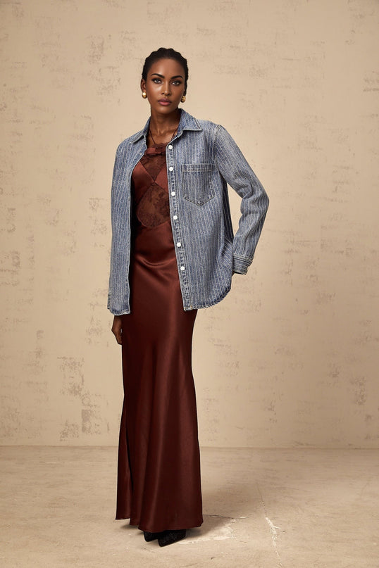 Denim shirt with vertical blue stripes and embellishments named Josephine