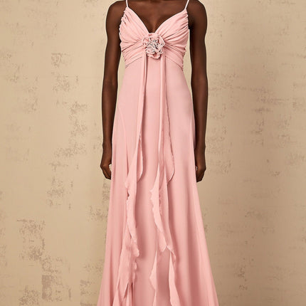 Denise Pink Maxi Dress Ribbon Design V-neck Sleeveless Tulle Fabric 3D-petal Detailing Ruched Flared Hem Side Zip Fastening 100% Terylene Fiber