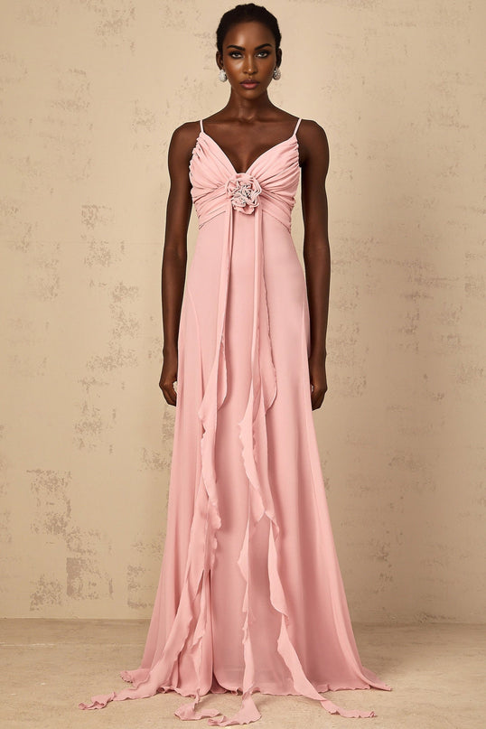 Denise Pink Maxi Dress Ribbon Design V-neck Sleeveless Tulle Fabric 3D-petal Detailing Ruched Flared Hem Side Zip Fastening 100% Terylene Fiber