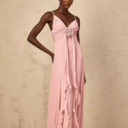 Denise Pink Maxi Dress Ribbon Design V-Neck Sleeveless Spaghetti Straps Tulle 3D-Petal Detailing Ruched Flared Hem Side Zip Fastening