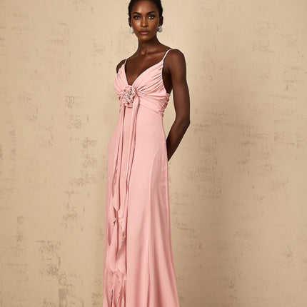 Denise Pink Maxi Dress Ribbon Design V-neck Sleeveless Spaghetti Straps Tulle 3D-petal Ruched Flared Hem Side Zip Fastening 100% Terylene Fiber