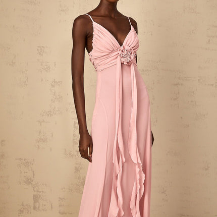Denise Pink Maxi Dress Ribbon Design V-Neck Sleeveless Tulle 3D-Petal Detailing Ruched Flared Hem Side Zip Fastening