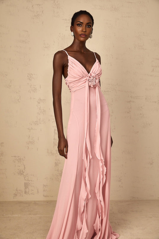 Denise Pink Maxi Dress Ribbon Design V-Neck Sleeveless Tulle 3D-Petal Detailing Ruched Flared Hem Side Zip Fastening