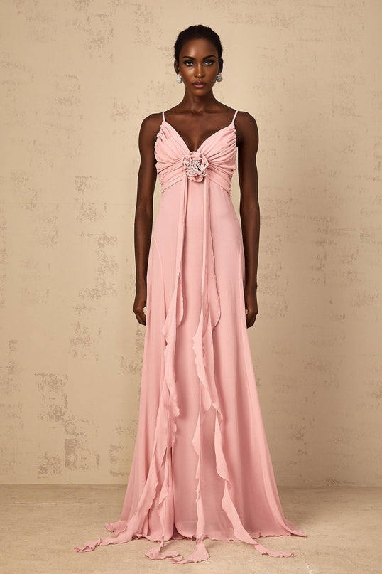 Denise Pink Maxi Dress Ribbon Design V-neck Sleeveless Spaghetti Straps Fitted Waistline Tulle 3D-petal Detailing Ribbon Ruched Flared Hem Side Zip Fastening 100% Terylene Fiber