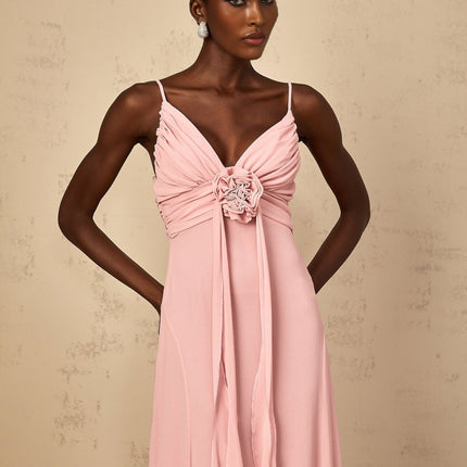 Denise Pink Maxi Dress Ribbon Design V-Neck Sleeveless Spaghetti Straps Tulle 3D-Petal Detailing Ruched Flared Hem Side Zip Fastening 100% Terylene Fiber