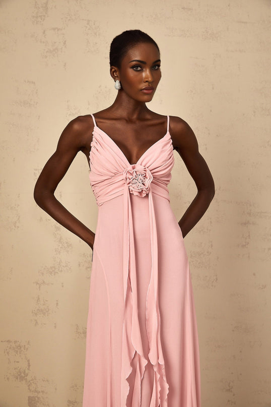 Denise Pink Maxi Dress Ribbon Design V-Neck Sleeveless Spaghetti Straps Tulle 3D-Petal Detailing Ruched Flared Hem Side Zip Fastening 100% Terylene Fiber