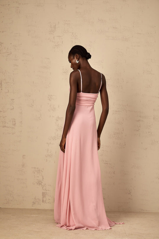 Denise Pink Maxi Dress Ribbon Design V-Neck Sleeveless Tulle 3D-Petal Detailing Ruched Flared Hem Side Zip Fastening