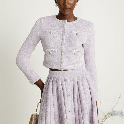 Denise Purple Sequin Glam Set Jacket Skirt Faux-Pearl Embellishments Patch Pockets Stretch-Jersey Fabric Pleated Design Front Button Decoration Regal Luxury Finesse