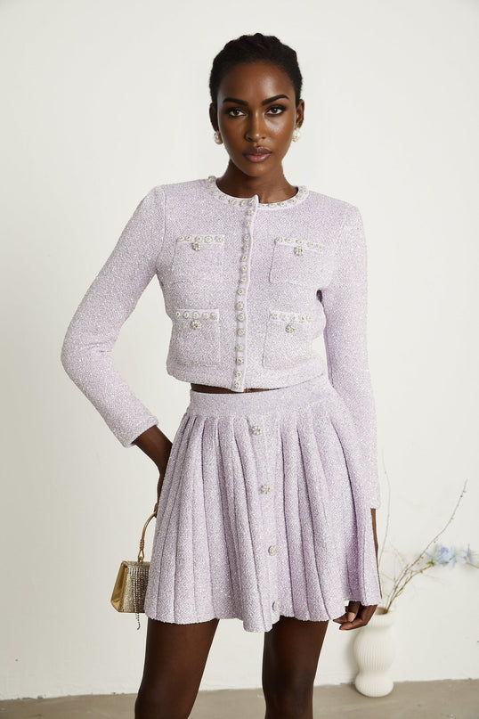Denise Purple Sequin Glam Set Jacket Skirt Faux-Pearl Embellishments Patch Pockets Stretch-Jersey Fabric Pleated Design Front Button Decoration Regal Luxury Finesse