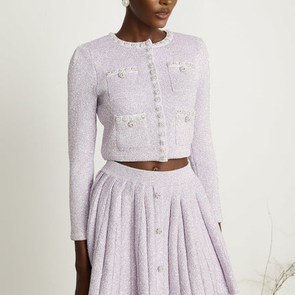 Denise Purple Sequin Glam Set Jacket Skirt Faux-Pearl Embellished Patch Pockets Stretch-Jersey Fabric Pleated Design Button Decoration Special Occasions Luxury Finesse