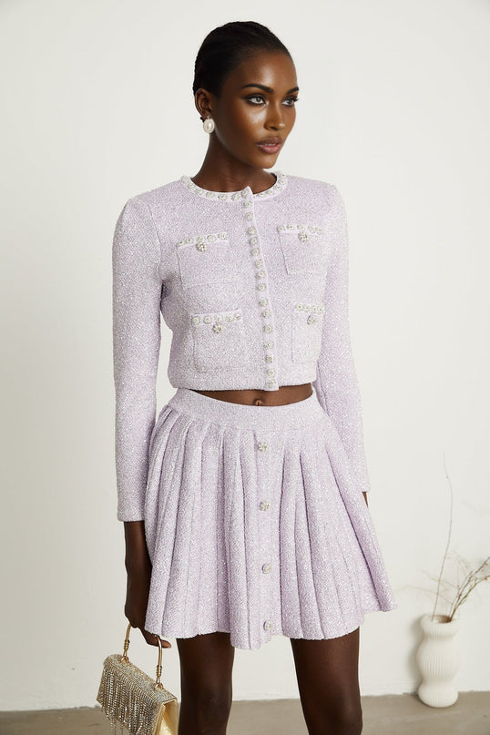 Denise Purple Sequin Glam Set Jacket Skirt Faux-Pearl Embellished Patch Pockets Stretch-Jersey Fabric Pleated Design Button Decoration Special Occasions Luxury Finesse