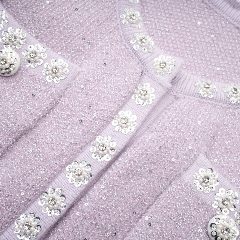 Denise Purple Sequin Glam Set Jacket Skirt Faux-Pearl Embellishments Patch Pockets Stretch-Jersey Regal Luxury Finesse