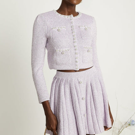Denise Sequin Glam Set Purple Jacket Skirt Faux-Pearl Embellishments Stretch-Jersey Fabric Front Button Fastening Patch Pockets Pleated Design Regal Luxury Finesse