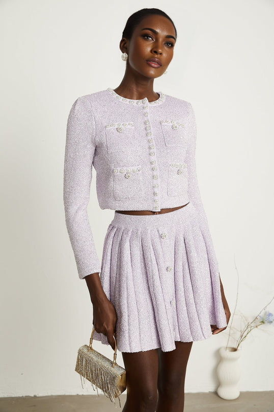 Denise Sequin Glam Set Purple Jacket Skirt Faux-Pearl Embellishments Stretch-Jersey Fabric Front Button Fastening Patch Pockets Pleated Design Regal Luxury Finesse