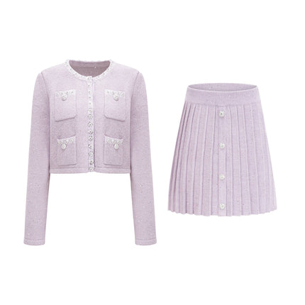 Denise Sequin Glam Set Purple Jacket Skirt Faux-Pearl Embellishments Patch Pockets Stretch-Jersey Fabric Pleated Design Regal Luxury Finesse