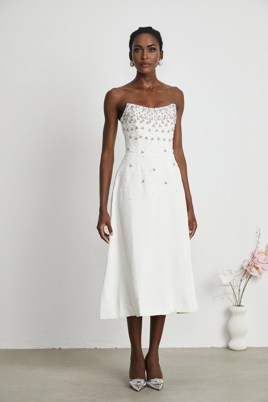 Denise White Embellished Midi Dress
