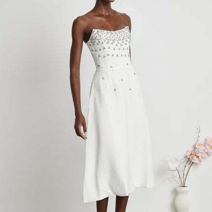 Denise White Midi Dress with Pearls and Crystals