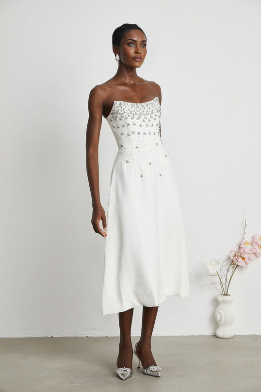 Denise White Midi Dress with Pearls and Crystals