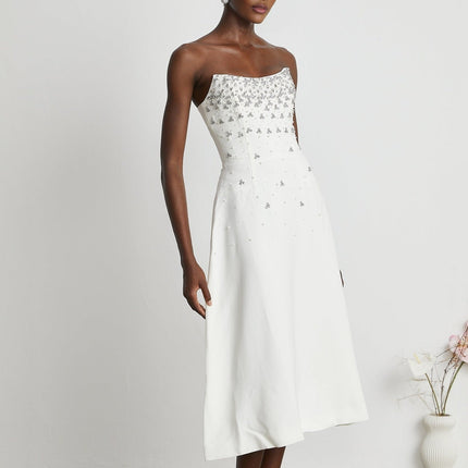Denise White Off-Shoulder Midi Dress with Pearls and Crystals
