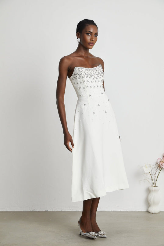 Denise White Off-Shoulder Midi Dress with Pearls and Crystals