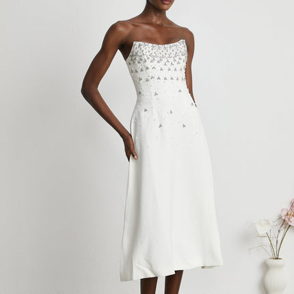 Denise White Midi Dress with Pearls and Crystals