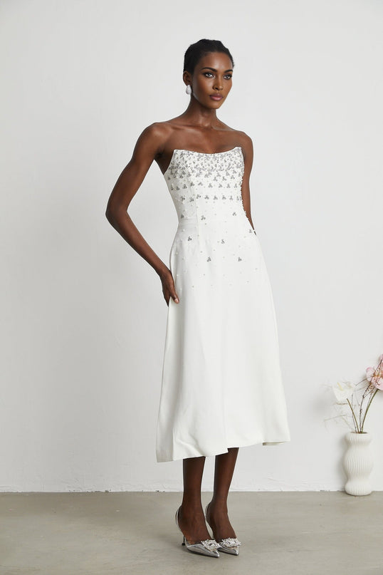 Denise White Midi Dress with Pearls and Crystals