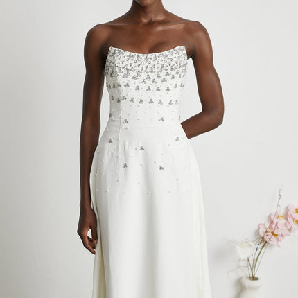 Denise White Midi Dress with Pearls and Crystals