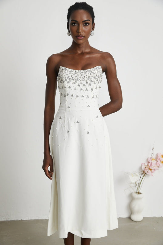 Denise White Midi Dress with Pearls and Crystals
