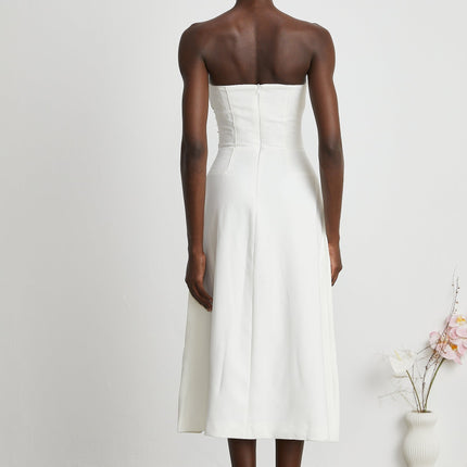 Denise White Off-Shoulder Midi Dress with Pearls and Crystals