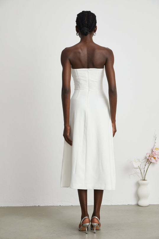Denise White Off-Shoulder Midi Dress with Pearls and Crystals