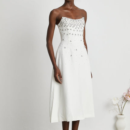 Denise White Pearl Crystal Embellished Midi Dress