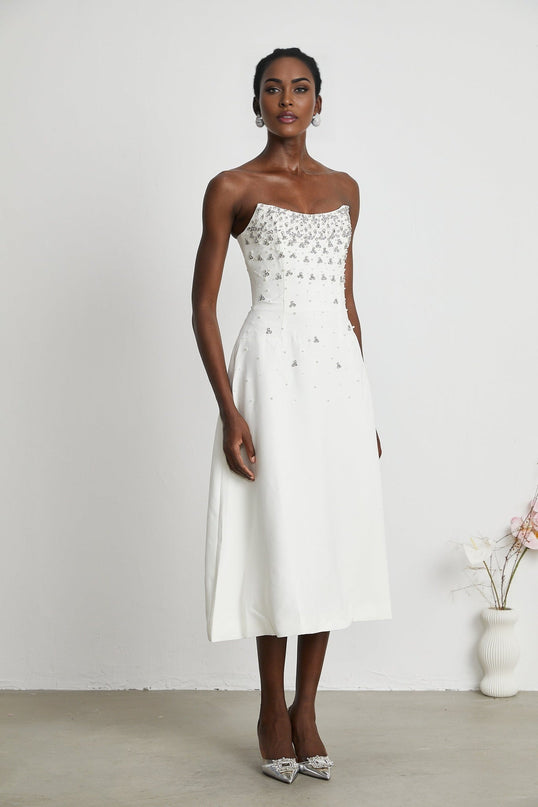 Denise White Pearl Crystal Embellished Midi Dress