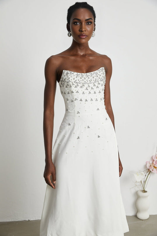 Denise White Pearl Crystal Embellished Midi Dress