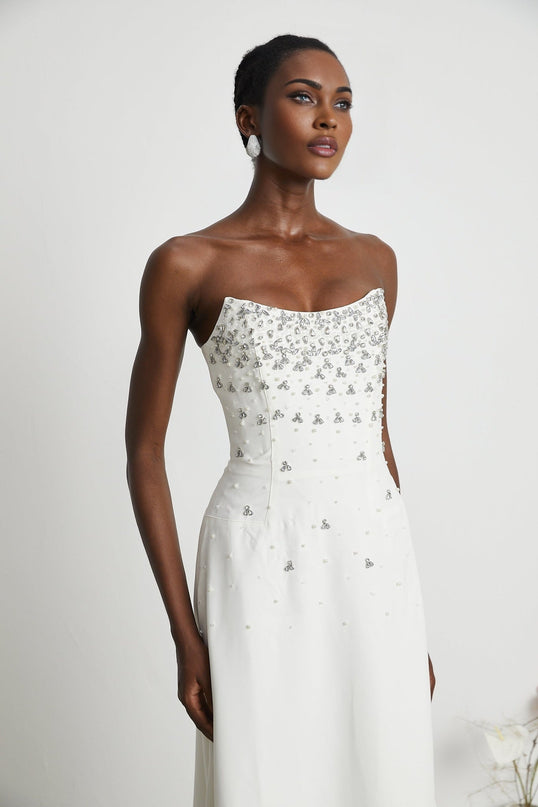 Denise White Pearl Crystal Embellished Midi Dress