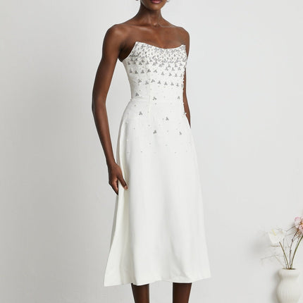 Denise White Pearl Crystal Embellished Midi Dress