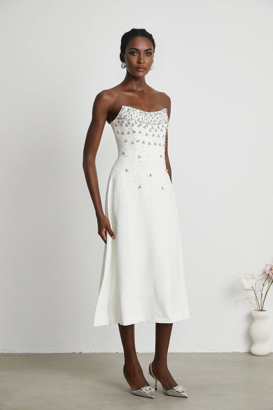 Denise White Pearl Crystal Embellished Midi Dress
