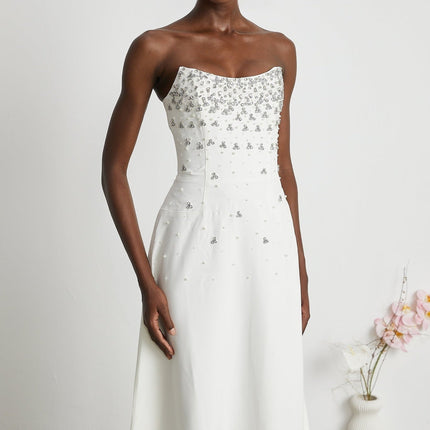 Denise White Pearl Crystal Embellished Midi Dress