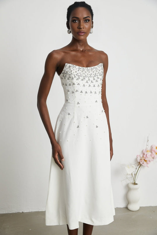 Denise White Pearl Crystal Embellished Midi Dress